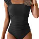 B2prity Womens One Piece Swimsuit Retro Square Neck Tummy Control Bathing Suits Ruched Modest Full Coverage Swimwear (Black, L)