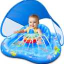 iGeeKid Baby Play Mat with Sprinkler, Inflatable Baby Pool Float with Canopy Backrest & Stackable Rings Water Sprinkler for Kids, Outdoor Water Play Toys for Toddlers Backyard Swimming Water Games (32 x 32 x 26 Inch)