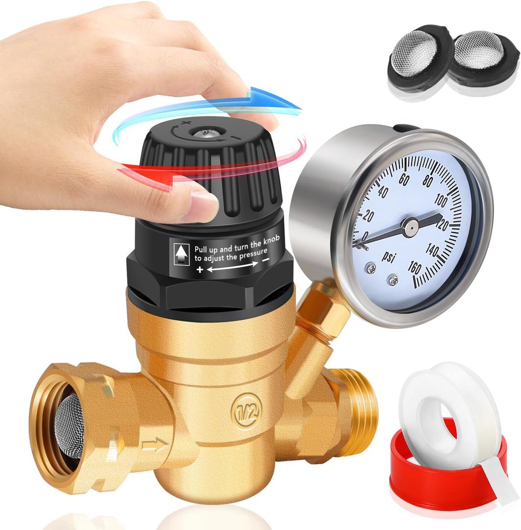 Boltigen RV Water Pressure Regulator with Gauge, Adjustable Handle Water Pressure Regulator for RV Camper, Lead-Free Brass Water Pressure Reducer for RV, Fit for RV Travel Trailer Water Hose Adjust