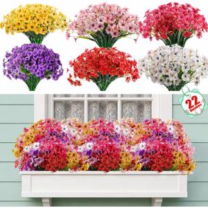 Powbrace 22 Pack Artificial Flowers for Outdoor Indoor Fake Plants, Faux Silk Flowers for Outdoors Outside Front Porch Hanging Planter Window Box Garden Spring Decoration(Multi-Colour)