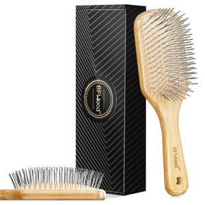 BFWood Bamboo Hair Brush with Steel Bristles, Metal Hair Brush Help Hair Growth and Massaging Scalp, Anti-frizz Metal Detangling Brush Styling Hairbrush