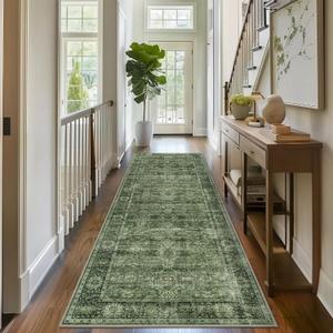 2.6x8 Green Vintage Washable Runner Rugs for Hallway Kitchen Boho Hallway Carpet Low Pile Non-Slip Retro Distressed Accent Throw Rug for Entryway Bathroom Bedroom Green