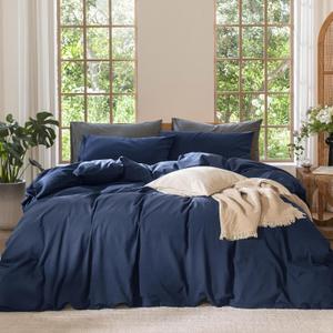MooMee Bedding Duvet Cover Set 100% Washed Cotton Linen Like Textured Breathable Durable Soft Comfy (Solid Navy, Queen 90"x90")