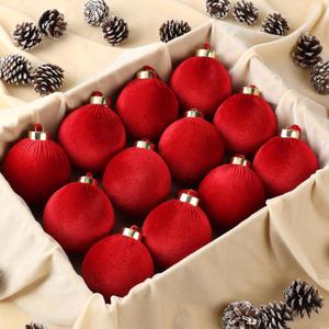 12 Pack Velvet Christmas Ball Ornaments Large Flocked Christmas Tree Hanging Ornaments Shatterproof Flocked Decorative Balls for Xmas Tree Decorations (Red, 2.36inch)