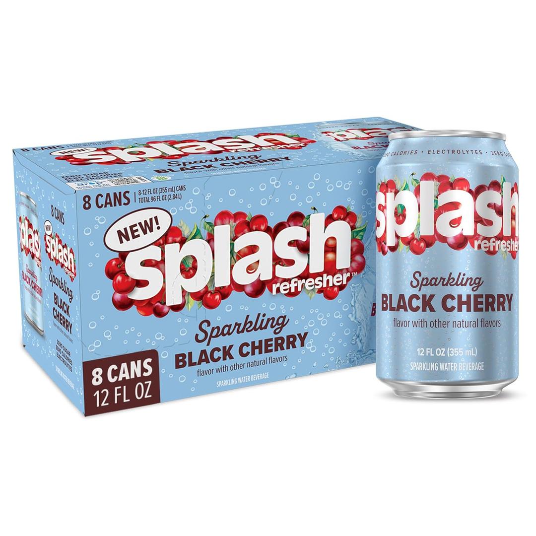 SPLASH REFRESHER Sparkling Water, Black Cherry - 8-Pack, 12 Fl Oz Cans - Flavored Carbonated Seltzer Water with Electrolytes, Zero Sugar & Zero Calories (EXP 10/16/26)
