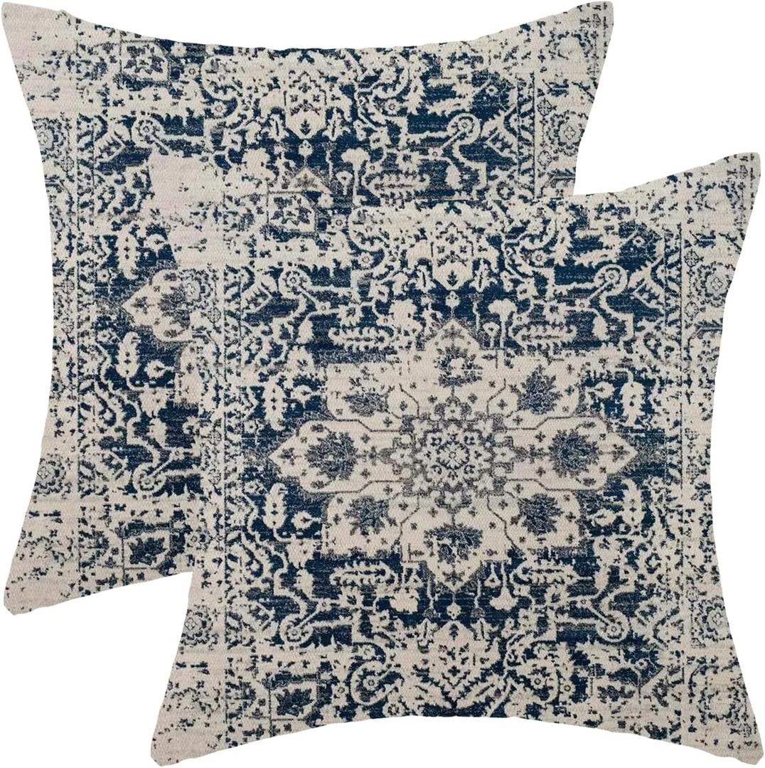 AEIOAE Boho Pillow Covers 18x18 Inch Set of 2,Carpet Pattern Throw Pillows Case,Navy Blue Beige Ethnic Design Outdoor Decorative Square Linen Farmhouse Decor Cushion Covers for Home Sofa Bed Couch 