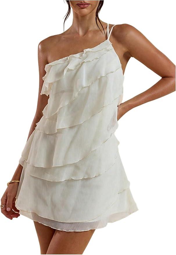 Women's Mini Dress One Shoulder Ruffle Mesh Dresses Layered Backless Vacation Party Sundresses, Small