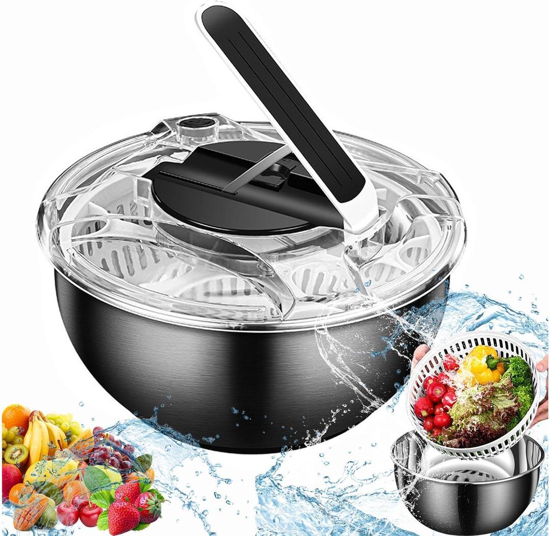 Stainless Steel Salad Spinner, 3.5L_Press Type Lettuce Washer Dryer Vegetable Dehydrator, Multifunctional Vegetable Spinner Fruit Drainer with Secure Lid Button for Cleaning&Drying&Storing