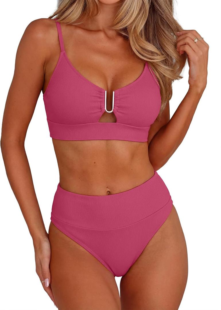 ANRABESS Bikini Sets for Women Summer High Waisted 2 Piece Bathing Suit Ribbed U-Wire Cutout Swimsuit Beach Vacation 2026 (Pink, S)