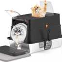 Stainless Steel Cat Litter Box, XL Enclosed Cat Litter Box with Lid, Easy to Clean High-Sided Metal Kitty with Top Entry, Scoop, Mat, Brush & Foot Pedal-Black