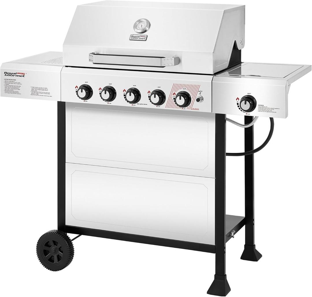 Royal Gourmet GA5401T 5-Burner BBQ Liquid Propane Gas Grill with Side Burner, Stainless Steel 61,000 BTU Output for Patio Garden Picnic Backyard Cooking, Silver