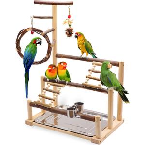 Bird Playground Natural Wooden Bird Stand Features Removable Tray, Feeding Cup, Bird Swing, Chew Toy, And Other Cage Accessories.Suitable for Most Parrots, Including Long-Tailed Parrots and Budgerigars