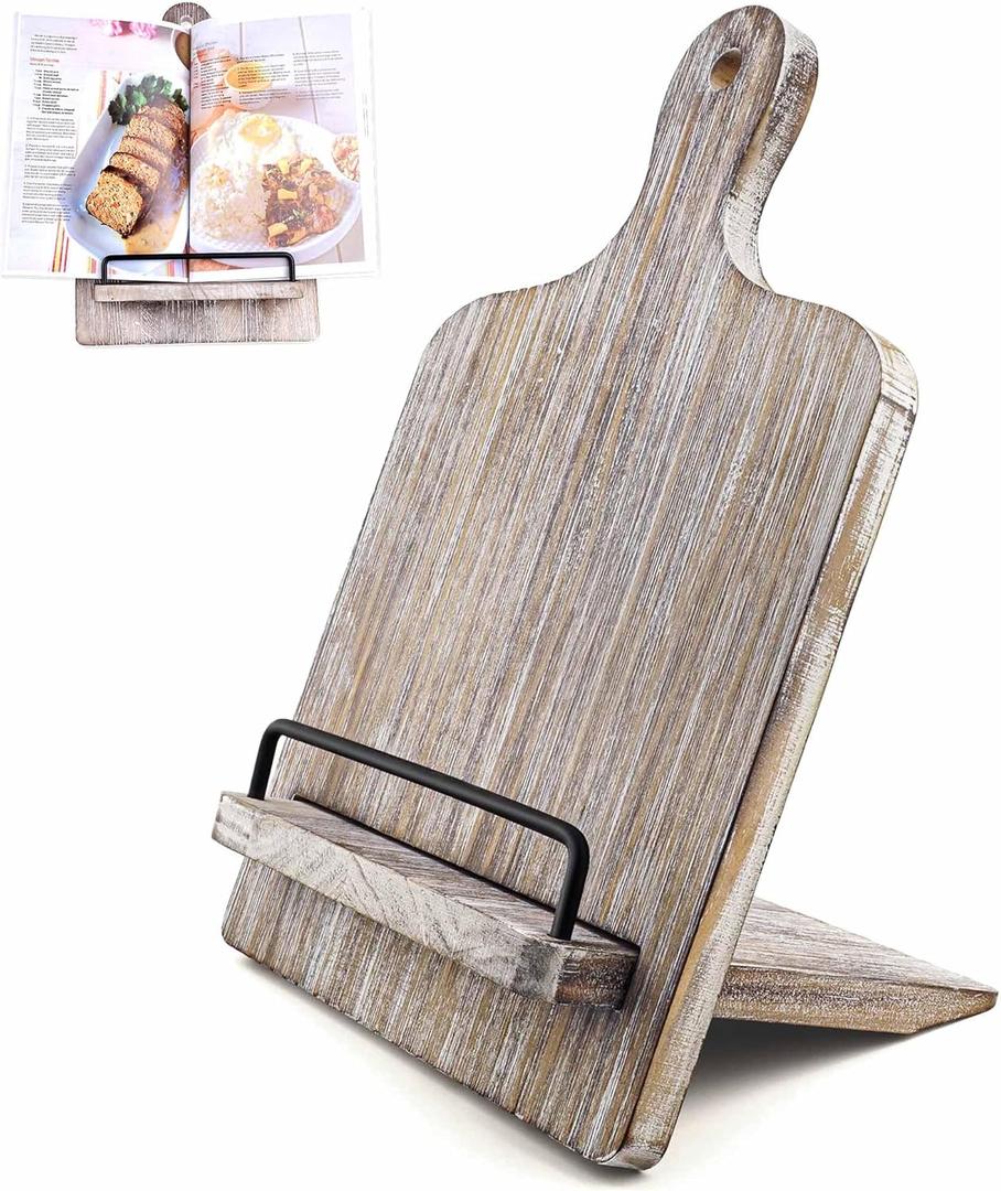 Cookbook Stand Recipe Book Stand: Cook Book Stand for Kitchen Counter, Rustic Cook Book Stand Adjustable Tablet Cookbook Holder, Wood Cutting Board Style Cooking Gift for Woman - Gray (Distressed Grey)