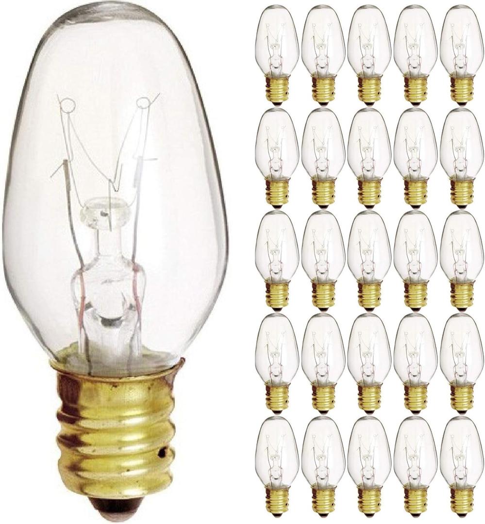 KOR (25 Pack) 7 Watt C7 Clear Night Light Bulbs  E12 Candelabra Base, 120V for Indoor/Outdoor Use