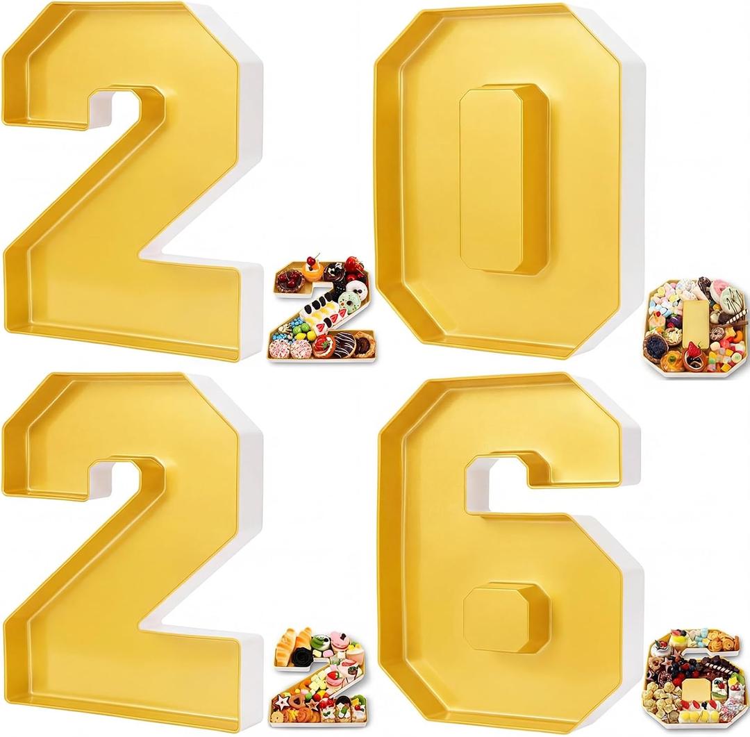 Tellingyou 2026 Charcuterie Number Fillable Plastic Boxes 13.7" Graduation Large Fillable Tray Numbers for Chocolate Candy Snack Grad Party Supplies(Gold)