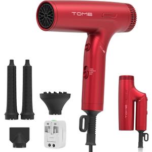 TOME Dual Voltage Travel Hair Dryer, Foldable Blow Dryer, DC Motor, 1200W Fast Drying, Cool Shot, 3 Heat 3 Speed, Nozzle, Diffuser, Air-Powered Wrap Wands, 120–240V Universal Adapter Red