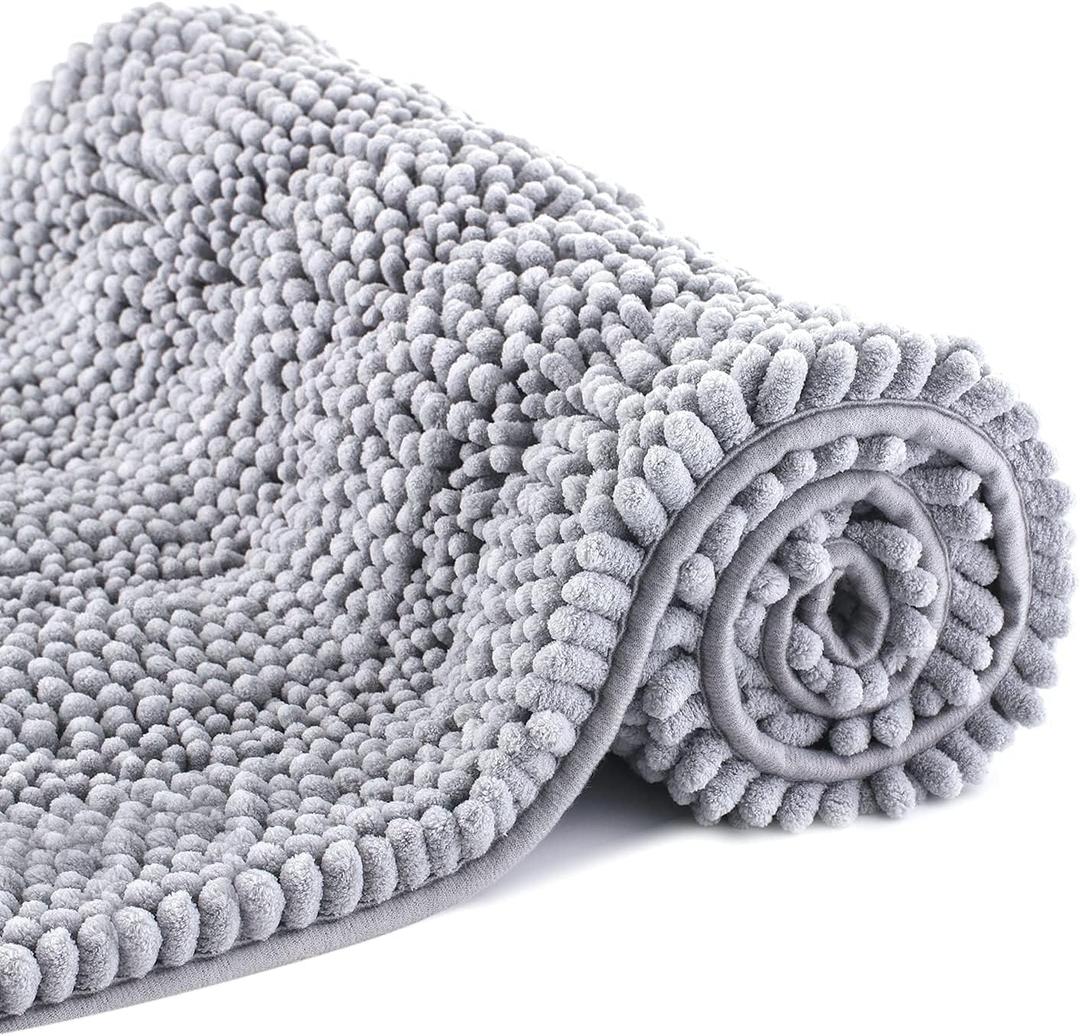 Bath Mat for Bathroom Ultra-Soft Machine Washable Rugs for Shower Room with Non-Slip Backing Shaggy Absorbent Luxury Chenille Bath Rug Perfect for Tub Sink Bedroom Door (16"x24", Light Grey)