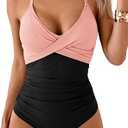 B2prity Women's Medium One Piece Swimsuits Tummy Control Front Cross Bathing Suits Tie Back Slimming V Neck Swimwear Medium