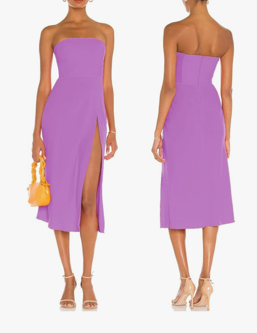 ALENDA DANMOS Women Strapless Midi Dress Tube Top Off Shoulder Summer Dress Thigh High Slit Cocktail Party Dress DD087 M