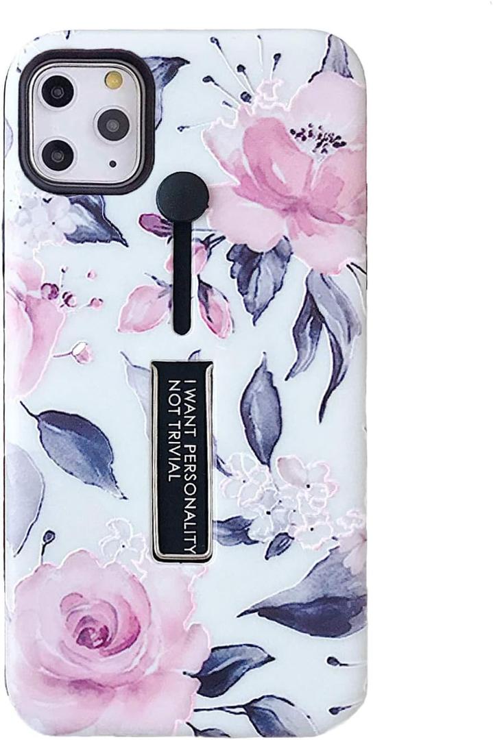 Compatible with iPhone 11 Pro Case Finger Grip,3D Embossed Pink Flowers White Shell Design,Rugged Shockproof Slim Fit Dual Layer Finger Ring Loop Strap Case,Invisible Bracket Phone case(White)