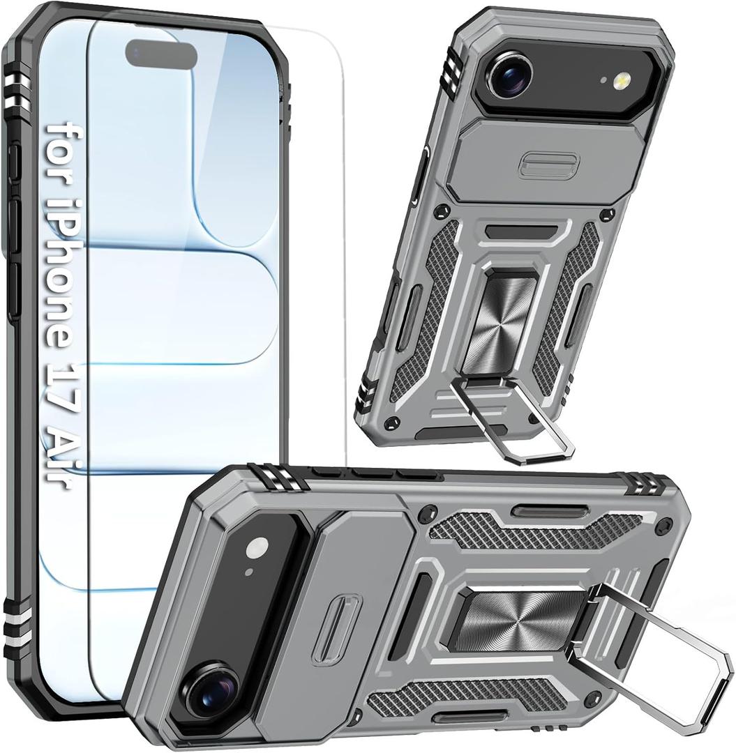 Shockproof Phone Case Compatible with iPhone 17 Air Case with Kickstand & HD Screen Protector & with Camera Cover Dual-Layer Military-Grade Drop Protection Phone Case (Gray)