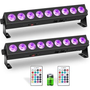 Rechargeable Stage Lights Bar,2Pack 9 LED RGBWA+UV Battery Powered DJ Light Strip Built-in 5200mAh Battery Remote Control DMX512 Sound Activated Uplights for Church Events Wedding Disco Party