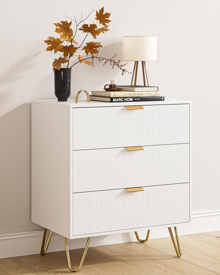 White Dresser for Bedroom, Modern Fluted 3 Drawer Dresser with Storage, Dresser Chest of Drawers with Gold Handles for Bedroom, Living Room, Closet, Hallway, 15.8" D x 23.6" W x 27.6" H