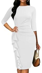 Women's Ruffle Dresses 3/4 Sleeve Vintage Bodycon Ruched Work Business Pencil Party Midi Dress (X-Large)