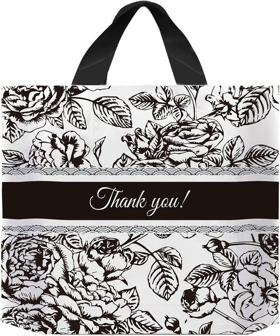 50 Count 9.8" x 11.8" Plastic Thank You Merchandise Bags, Shopping Retail Bags with Handles - Black Flower 