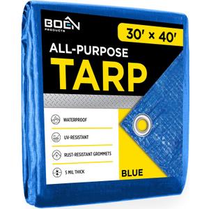Multi-Purpose Large Tarp Waterproof Cover | Blue, 30' x 40' 5 Mil Thick | Rip Proof Tarps | Thick Weave Material, UV Resistant Great for Tarpaulin Canopy Tent, Boat, RV or Pool Cover