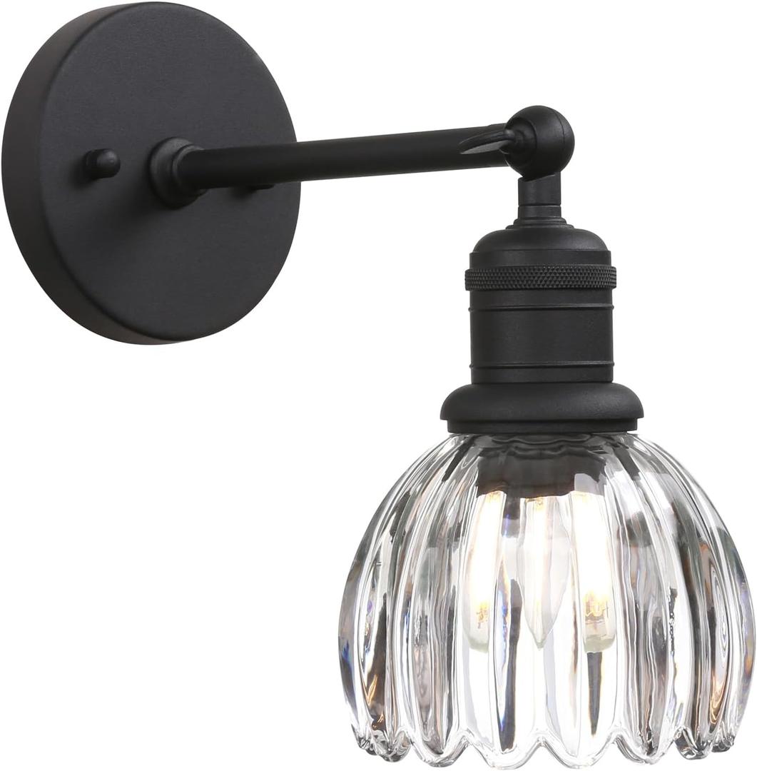 Yosoan Boho Indoor Vintage Wall Sconce with Flower Shade, 1-Light Modern Vanity Industrial Hardwired Wall Mounted with Transparent Tulip Shade for Living Room Bedroom Kitchen Hallway Home Decor(Black)