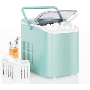 DUMOS Countertop Ice Maker with Handle, 26lbs/24H Portable Ice Machine, 9 Bullet Cubes Ready in 6 Mins, Self-Cleaning, Quiet Compact for Home, Kitchen, RV, Camping, Green