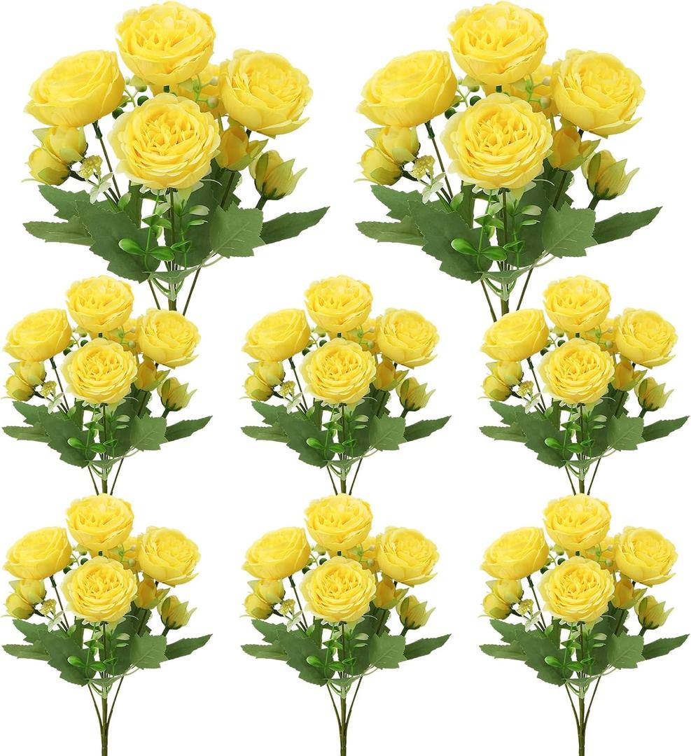 8 Pack Yellow Peonies Artificial Flowers, Fake Silk Hydrangea Bouquet for Bridal Wedding Home Table Decor Reusable Dining Opening Ceremony Birthday Arrangement Faux Floral