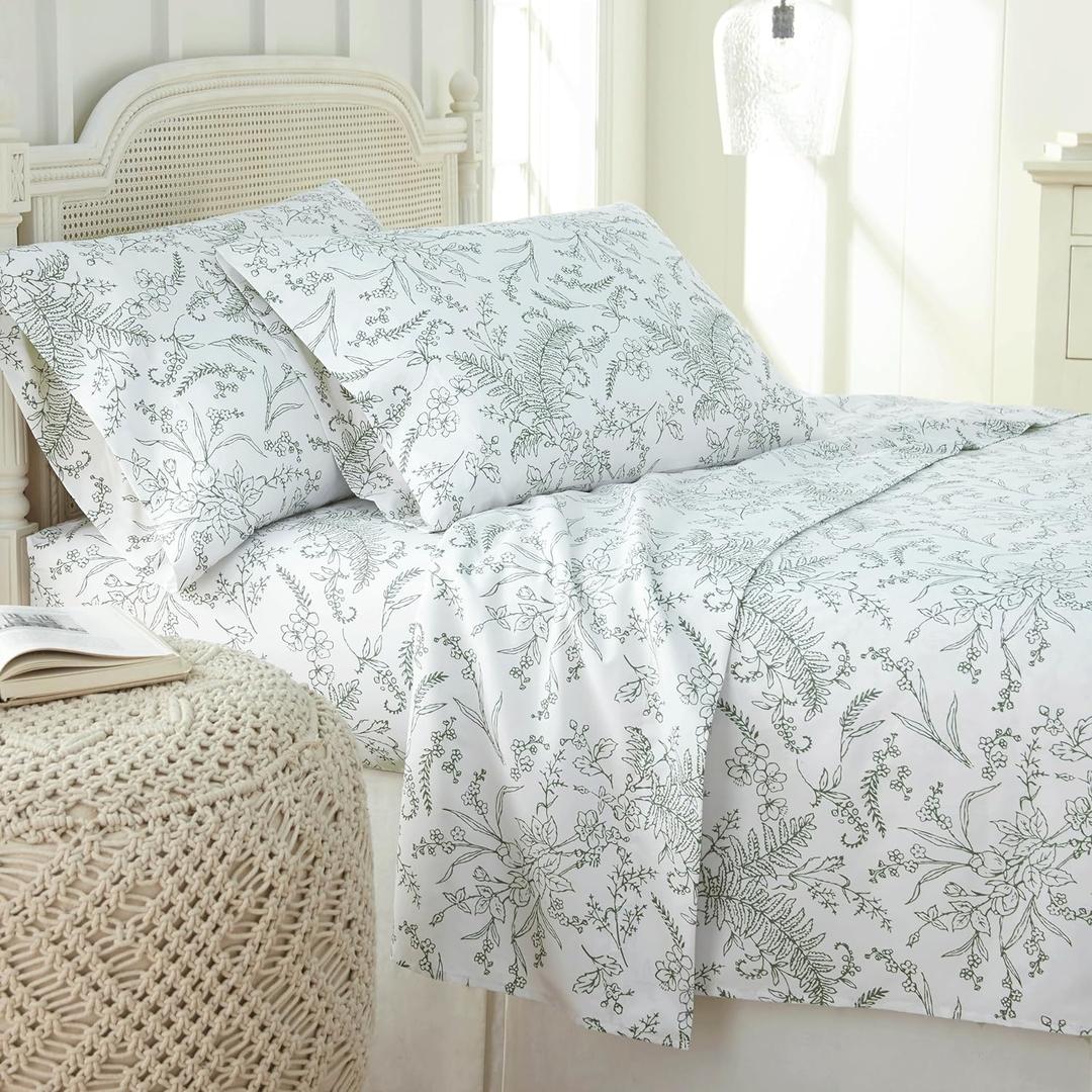 Southshore Fine Living, Inc. Winter Brush, 15-Inch White Floral Sheets Queen, 4-Piece Floral Sheet Set, Deep Pocket Sheets, Printed Queen Sheet Set, White with Green Flowers