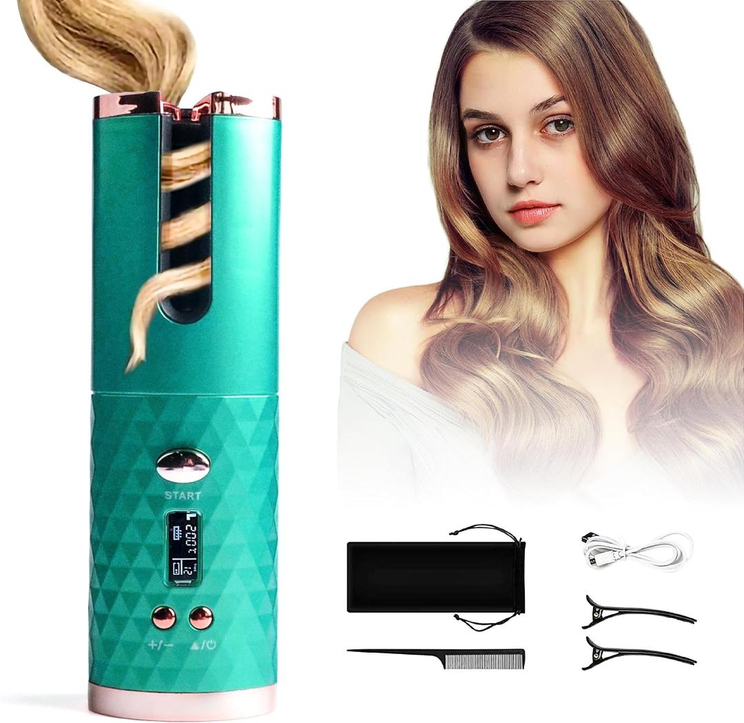 Automatic Curling Iron, Hair Curling Iron for Hair Styling, Cordless Auto Hair Curler, with 6 Temps and Timers, Auto Shut-Off, Fast Heating, Rechargeable Cordless Hair Curler 1 (Green) (Green)