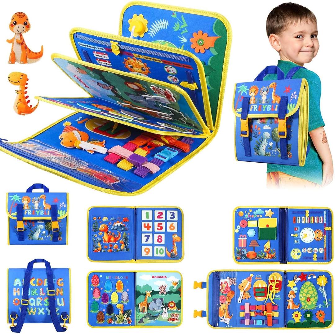 FREYBLI Toddler Busy Board, Montessori Toys for Boy Birthday Gift, Educational Quiet Activity Busy Book for Toddlers, Travel Toys for Airplane Car (Blue)