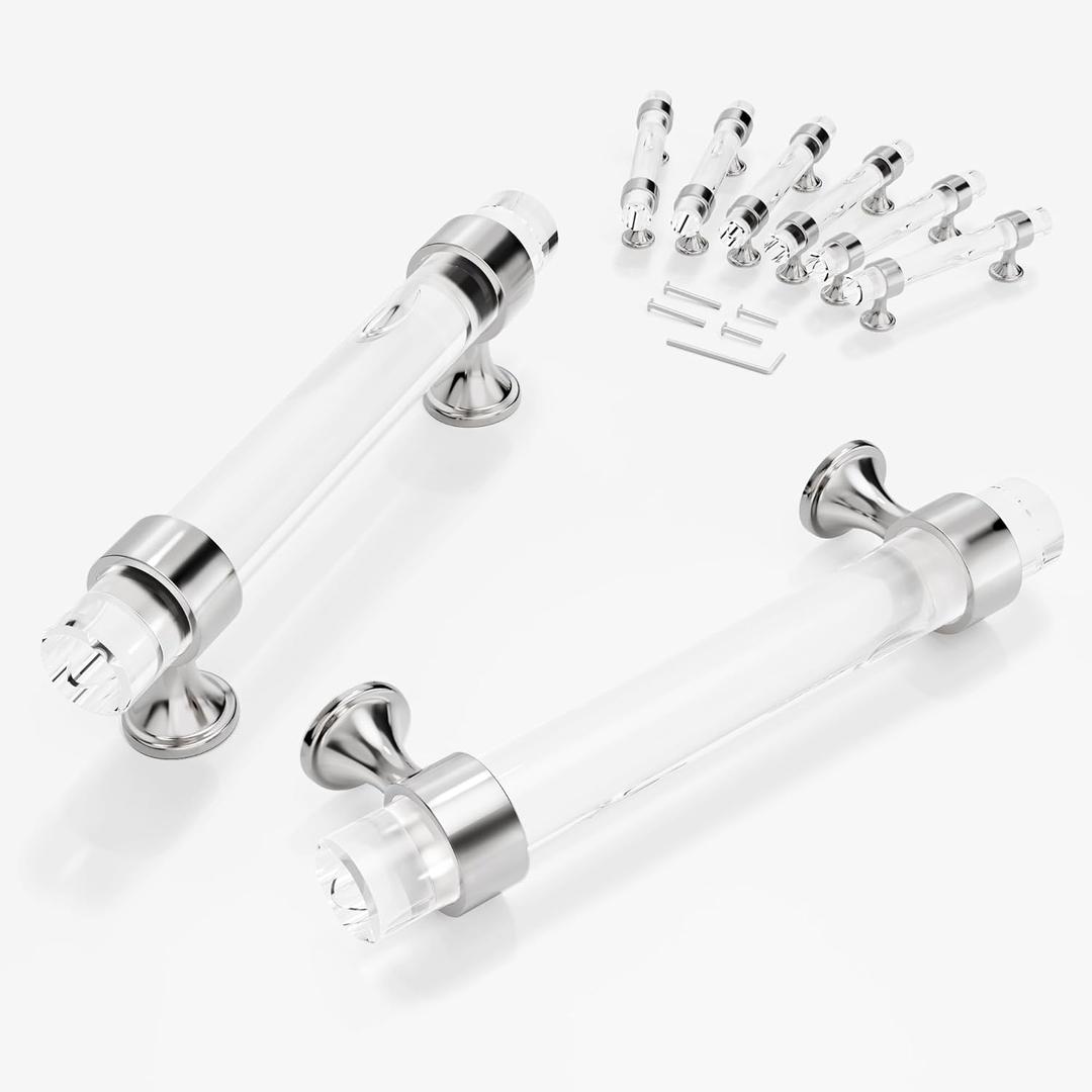 Cabinet Pulls Glass Handle 6 Pack, Cabinets Drawers Cupboard Dresser Wardrobes Vanity Furniture Handles 3 3/4 inch (96 mm), Polished Chrome Base with L-Wrench Key Set and Screws