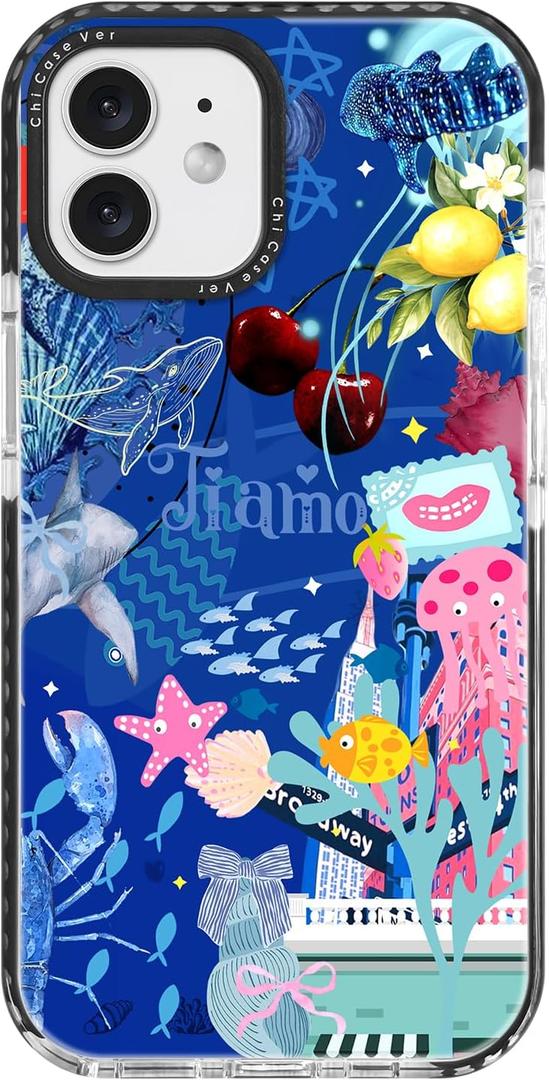 for iPhone 12 mini Case Pink Ocean Adventure Collage Pattern Military Grade Drop Protection, Voyage Slim TPU with Camera Protection, Aesthetic Summer Design for Women Girls (BlueOctopus)