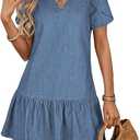 Dokotoo Denim Dress for Women Spring Summer Short Sleeve V Neck Ruffle Hem Casual Lightweight Swing Babydoll Mini Dresses, Large