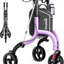 3 Wheel Walkers for Seniors, Lightweight Rollator Walkers Foldable for Elderly with Cane Hold and Cup Hold, Height Adjustable Aluminum Three Wheel Rolling Walker Mobility Aid, Purple