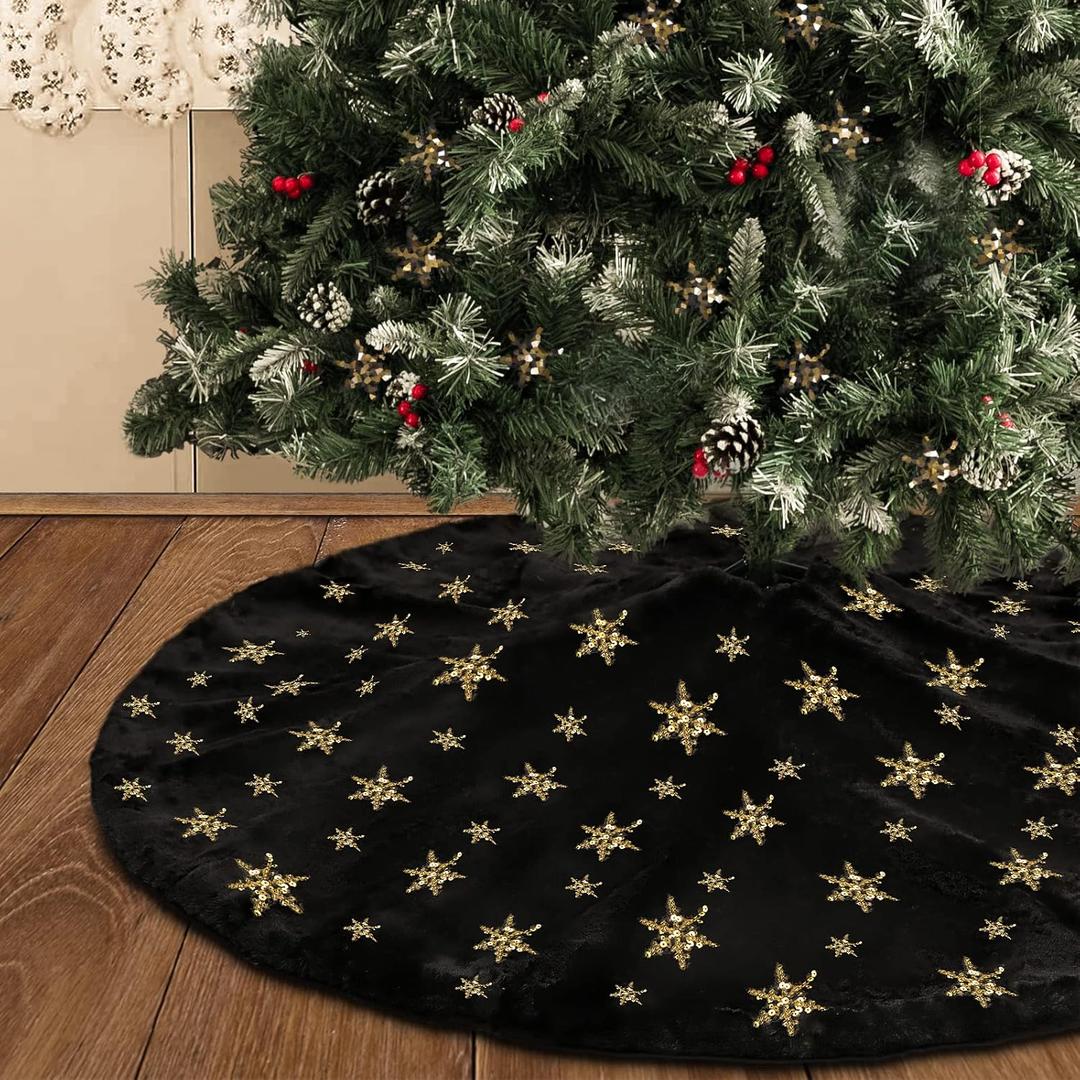 DegGod Plush Christmas Tree Skirts, 36 inches Luxury Black Faux Fur Xmas Tree Base Cover Mat with Gold Snowflakes for Xmas New Year Home Party Decorations (36 inches, Black Gold)