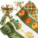 Whaline 4 Rolls Fall Wired Edge Ribbon 24 Yards 2.5 Inch Green Autumn Pumpkin Truck Plaids Ribbon for Bow Wreath Craft Gift Wrap Farmhouse Thanksgiving Harvest Wedding Birthday Party Decor
