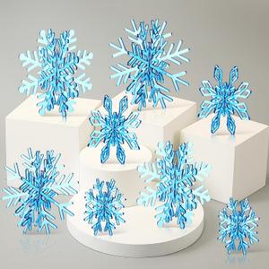 Yousoontic Set of 8 Winter 3D Acrylic Snowflake 16 Pcs Acrylic Snowflake Table Decorations Tabletop Centerpiece for Winter Party Wedding New Year(Blue)