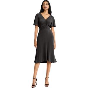 Maggy London Women's Dresses Women's V-Neck Flutter Sleeve Midi Dress with Ruched Bodice and A-Line Skirt - Elegant Wedding Guest Cocktail Dresses, Black, 0