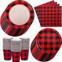 Aneco 200 Pieces Red and Black Buffalo Plaid Dinnerware for 50 Guests Disposable Buffalo Check Paper Plates Cups and Napkins Tableware for Baby Shower Party Decorations