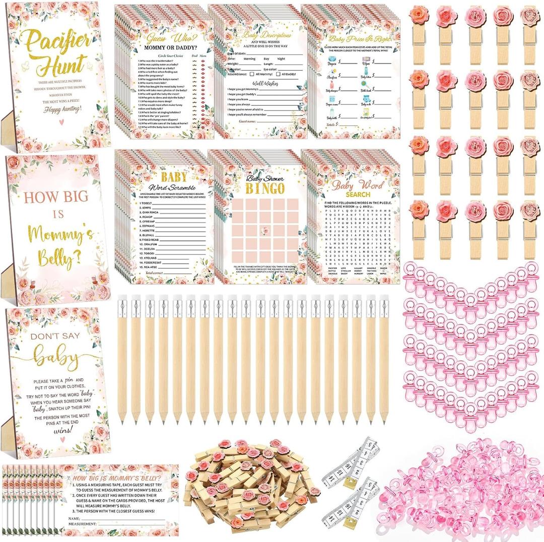 Sherr 476 Floral Baby Shower Games 6 Sets Activities Floral Card Pacifier Hunt Game 50 Pacifier How Big Is Mommy Belly Sign 50 Guessing Card 2 Measuring Tape Don't Say Baby Sign 50 Clothespin (Pink)