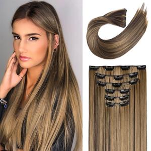 FLUFYMOOZ 6PC Clip in Hair Extensions 24" Straight Long Extensions for Women Synthetic Hairpiece (Deep Brown with Dirty Blonde)