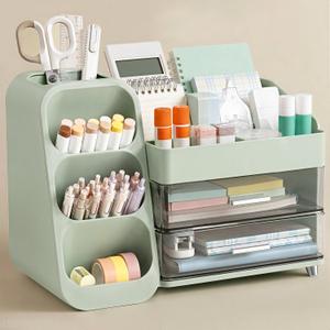 HBlife Desk Organizer with Pen Pencil Holder for Desk, Pen Organizer with 2 Drawers, Desk Organizers and Accessories with 4 Compartments, Desktop Storage for Office Home School Art Supplies, Green