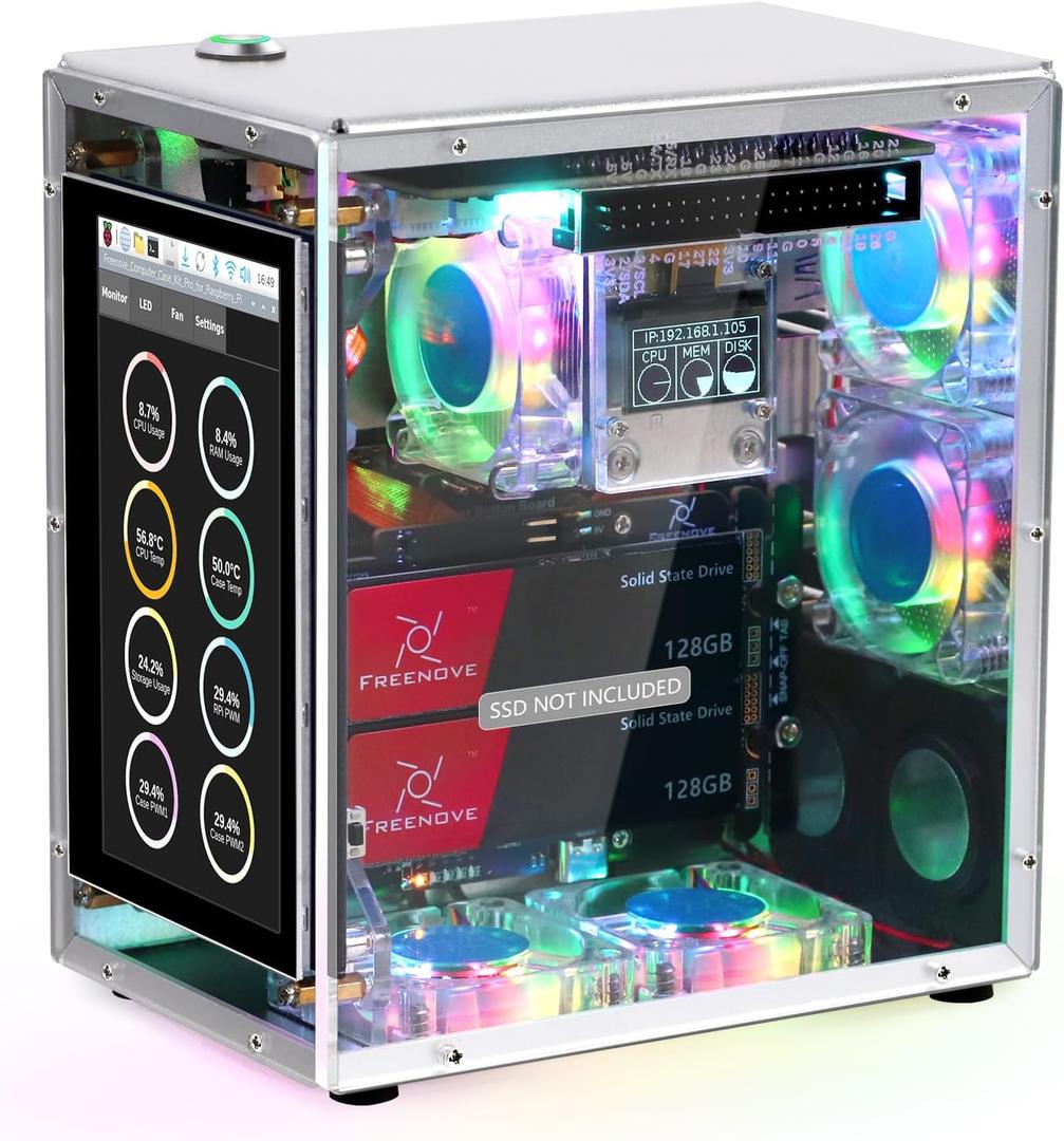 Freenove Raspberry Pi 5 NAS Case Kit, Quad M.2 NVMe SSD Slots, 5 PWM ARGB Fans Light Sync, CPU Tower Cooler, 4.3" Touchscreen, Stereo Speakers, 3.5 mm Audio (SSD NOT Included)
