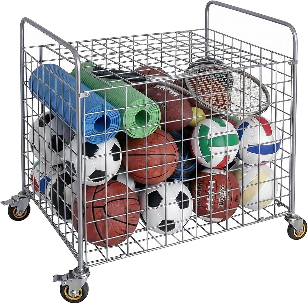 MyGift Professional Gym Metal Multi Sports Ball Storage Cart with Jumbo Industrial Wheels, Commercial Grade Portable Equipment Locker Cage for Basketball, Football, Soccer, Volleyball, Large